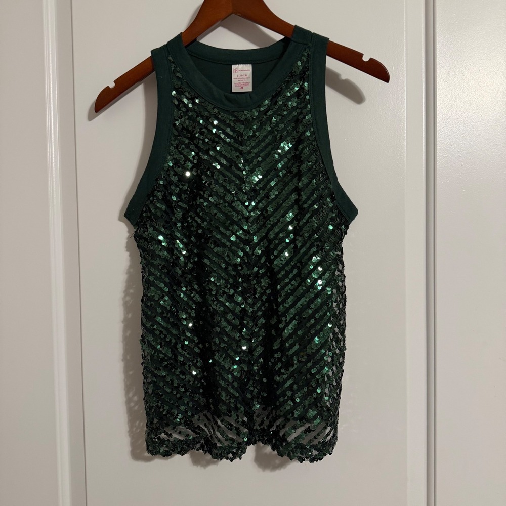 No Boundaries Green Sequin Chevron Mesh Tank Top Large 11-13 Sleeveless Party